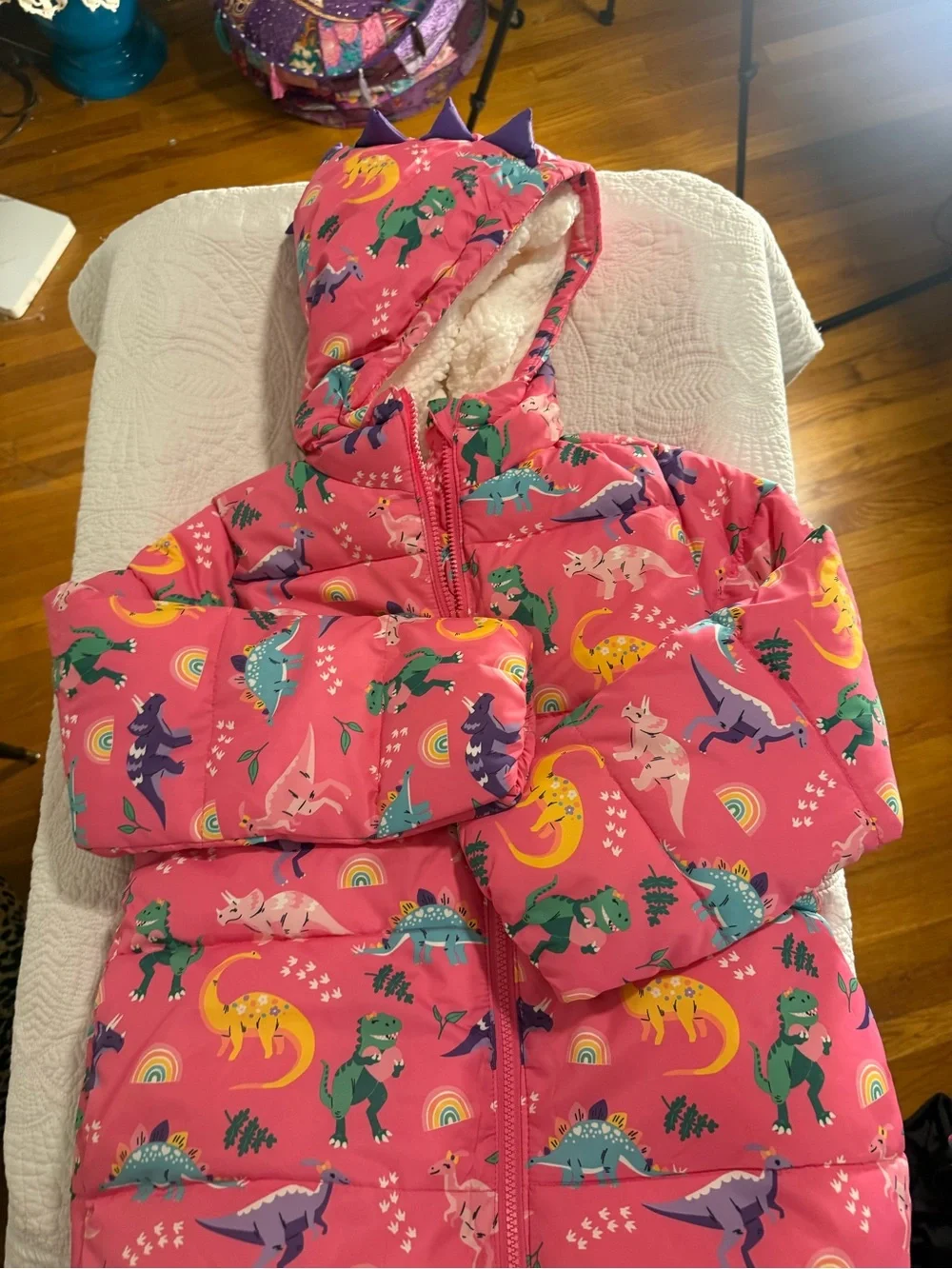 Gymboree Girls Size 8 Pink Dinosaur Hooded Puffer Coat Fleece Lined Winter